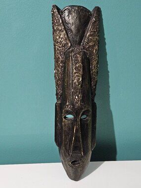 Vintage Hand Carved Wood Tribal Mask Painted Indonesian Wall Art Decor
